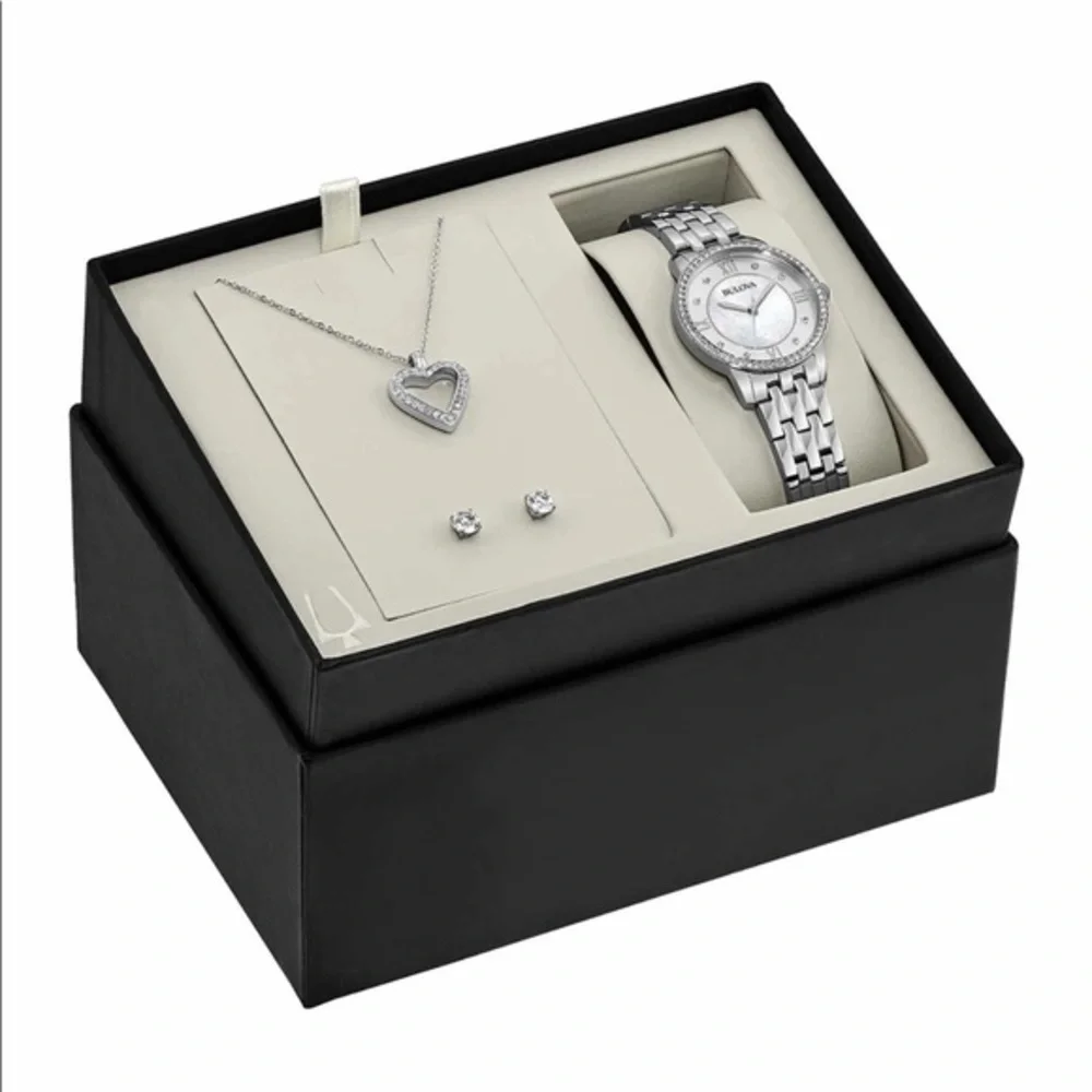 NWT Bulova Swarowski Watch, Necklace, Earring Set - Picture 2 of 10